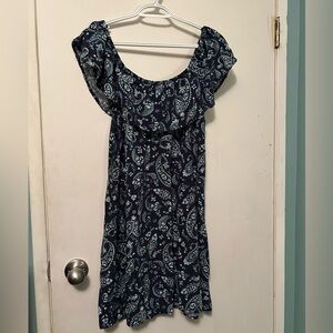 Navy Teal Paisley Off Shoulder Rayon Dress Size L/G mySTYLE